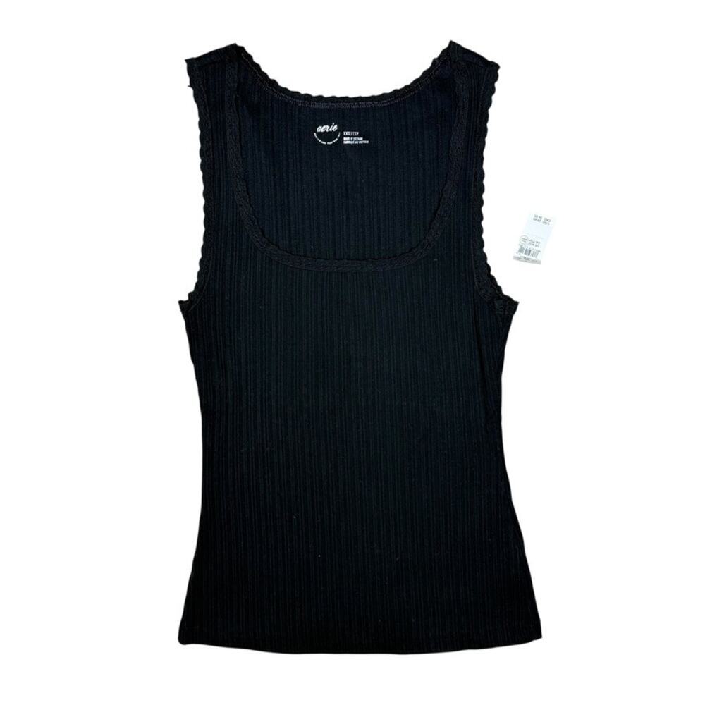 Aerie Ribbed Black Pointelle Lace Tank Top Black Women's XXS NWT NEW
